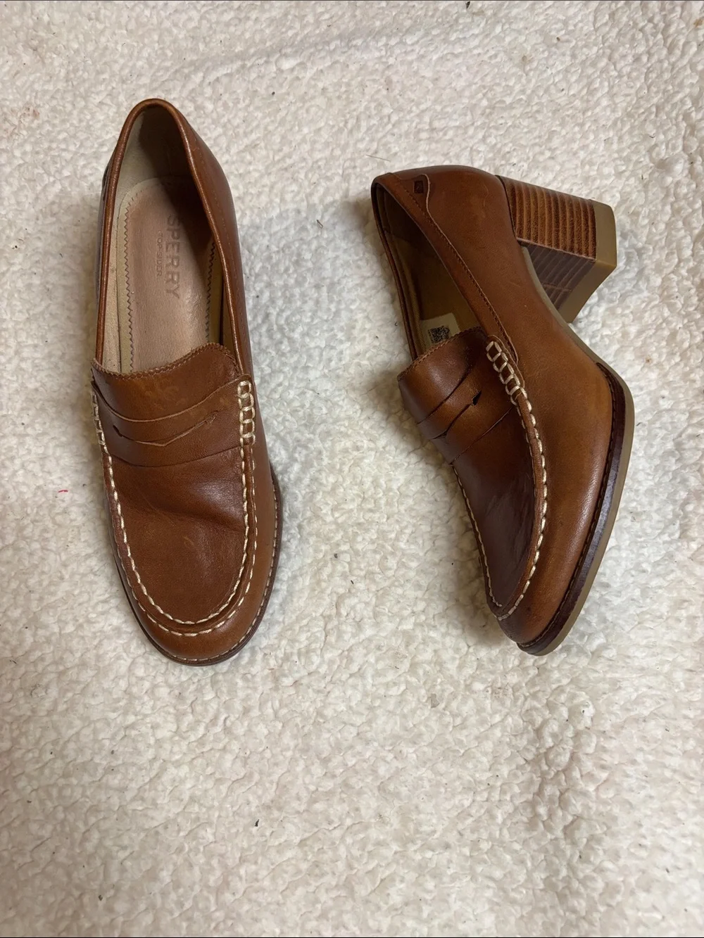 Sperry Womens Seaport Penny Brown Leather Heeled Loafers size 7.5